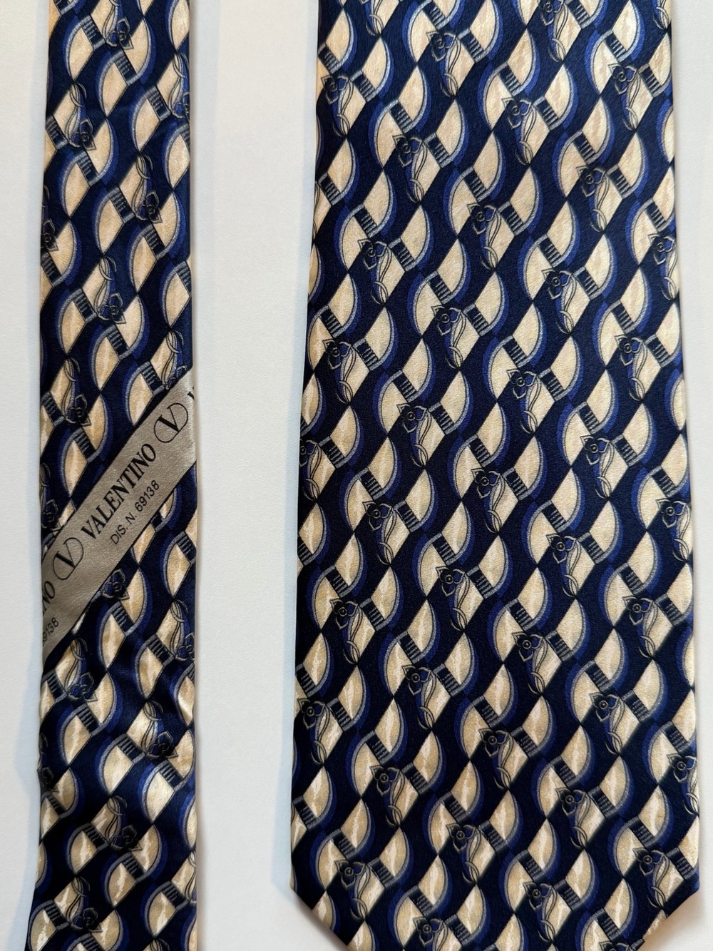 Valentino Navy and Cream Interlocking Pattern Silk Tie
